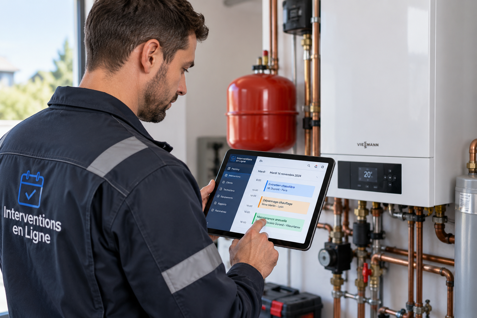 Technicien utilisant un logiciel de gestion des interventions de chauffagiste