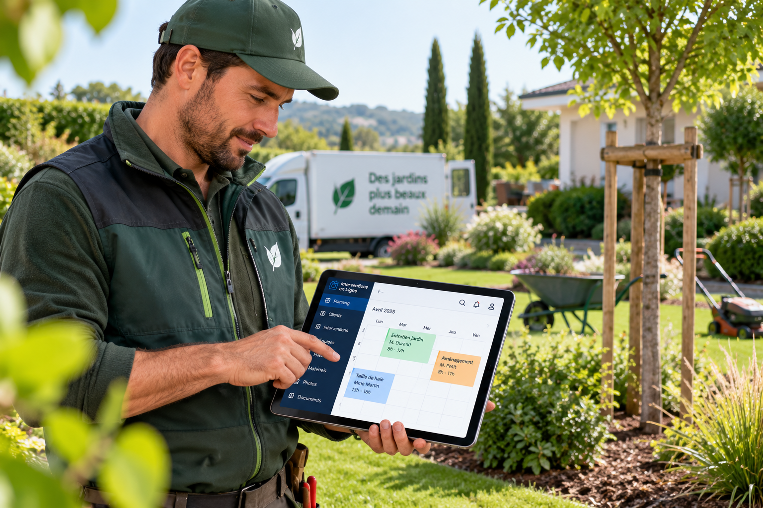 Technicien utilisant un logiciel de gestion des interventions de paysagiste